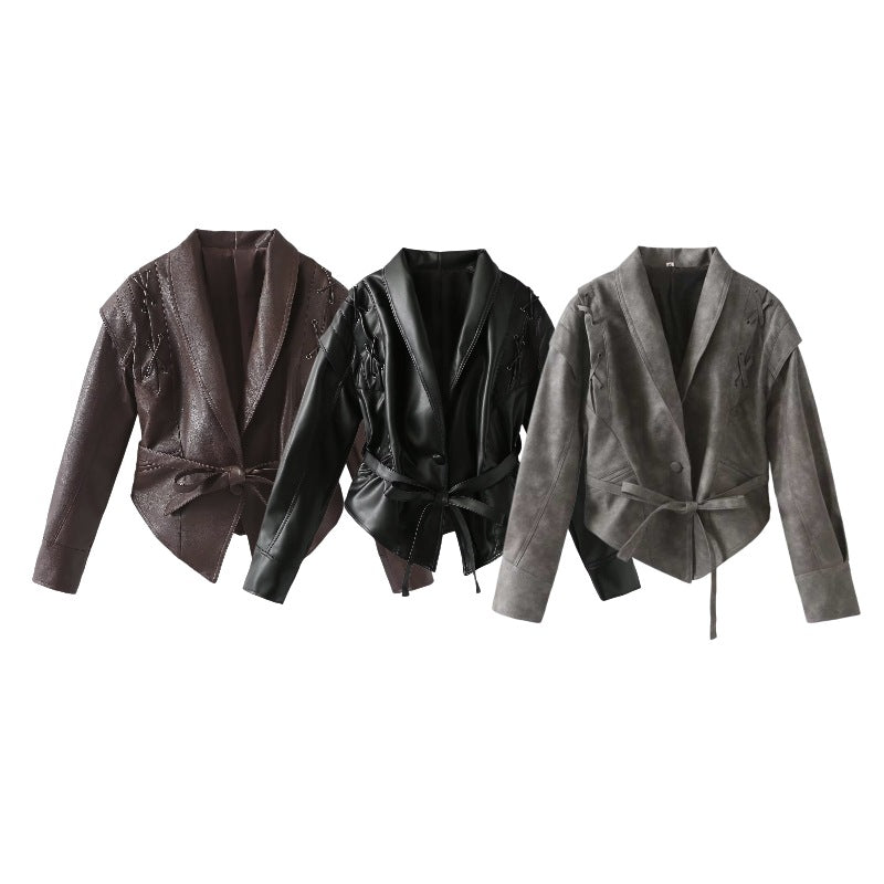 Damen Kurzjacke im Wildlederlook mit Schalkragen, Schnürdetails und Taillengürtel Echo Archiv