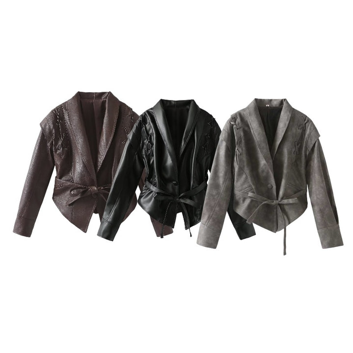 Damen Kurzjacke im Wildlederlook mit Schalkragen, Schnürdetails und Taillengürtel Echo Archiv