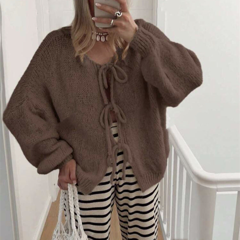 Damen Grobgestrickter Offener Cardigan mit Bindebändern, Oversize‑Silhouette und Raglanärmeln – Veloura