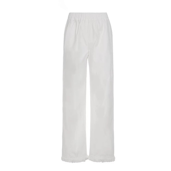 Damen Weite Straight‑Leg‑Hose mit elastischem Bund und Fransensaum Echo Archiv