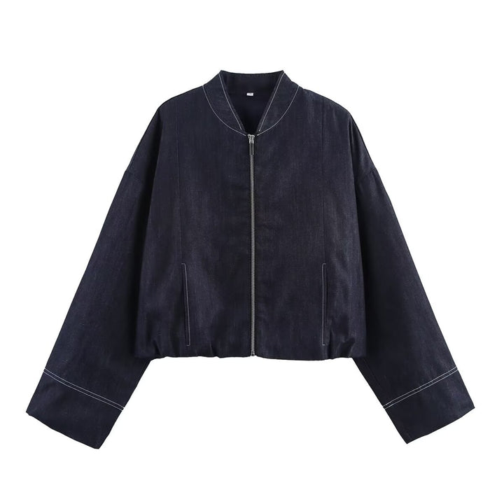 Damen Cropped Denim-Bomberjacke mit überschnittenen Ärmeln und Kontrastnaht Echo Archiv