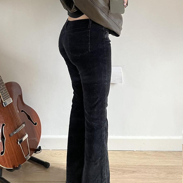 Damen nan ausgestellte Cordhose mit Glitzerstreifen und Blumenstickerei, hoher Bund Echo Archiv