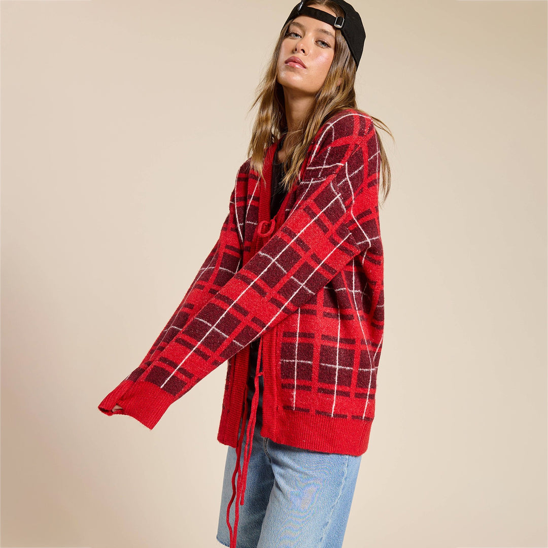 Damen Oversize Karierter Strickcardigan mit Bindegürtel & aufgesetzten Taschen Echoarchiv