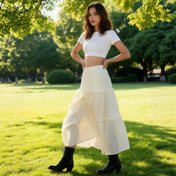 Damen Luftiger Stufenrock mit elastischem Bund und transparenter Chiffon‑Optik – Rosévia