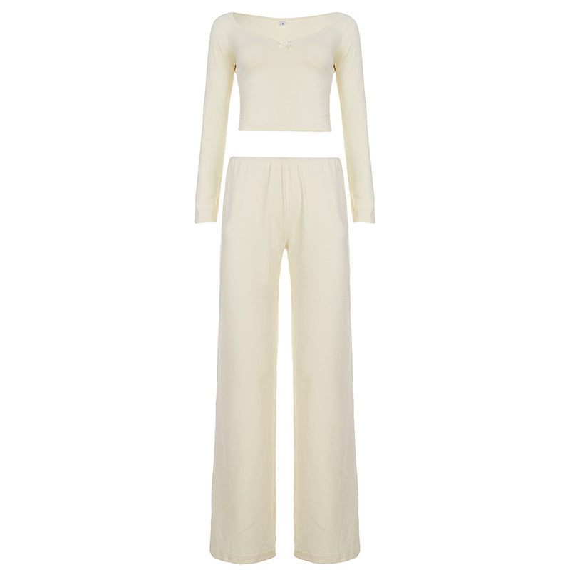 Damen Zweiteiliges Lounge-Set aus weichem Jersey mit Cropped V-Ausschnitt Oberteil und hochtaillierter Palazzohose – Élanora