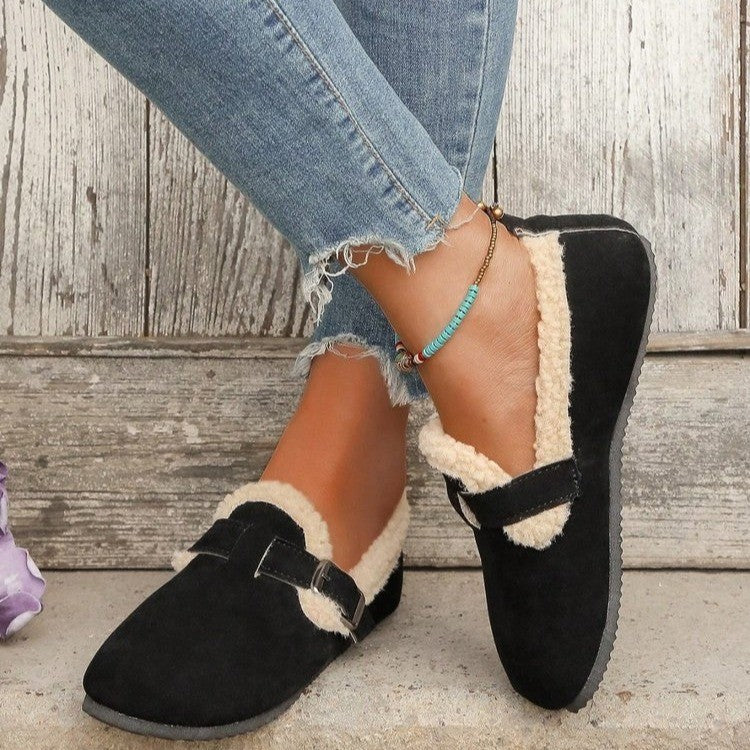 Damen Gefütterte Wildlederoptik-Slipper mit Teddy-Kragen, verstellbarer Schnallenlasche und rutschfester Profilsohle Echo Archiv
