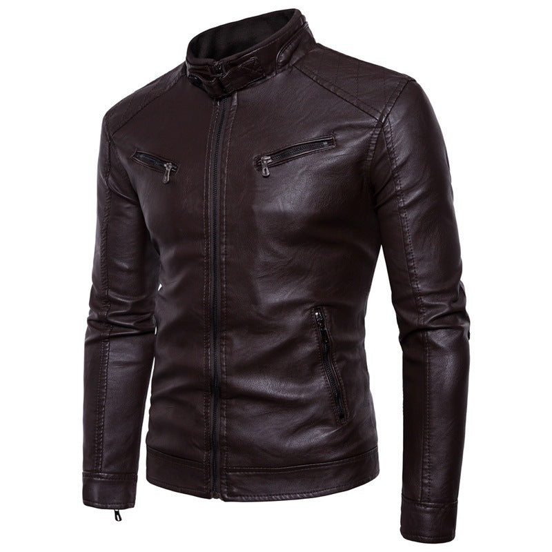Herren stylische Lederjacke mit modernem Stehkragen und Reißverschlüssen Echoarchiv