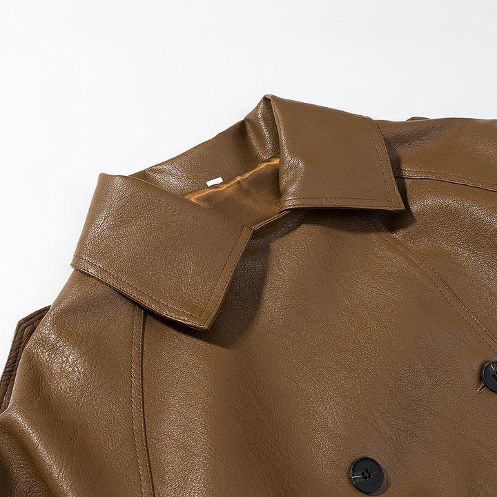 Damen Kurz geschnittener Kunstleder-Trenchcoat mit Bindegürtel und Schulterriegel Echo Archiv