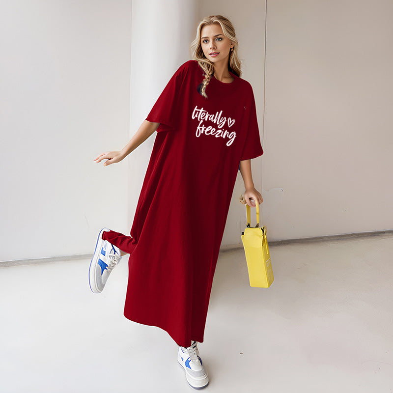 Damen locker geschnittenes Maxikleid mit großem Herzgrafikprint und Rundhalsausschnitt – Valéora