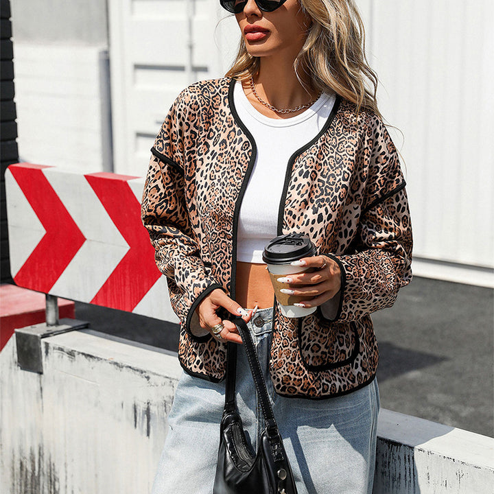 Damen Leichter Leopard-Print Blouson mit Kontrastpaspel und aufgesetzten Taschen Echoarchiv