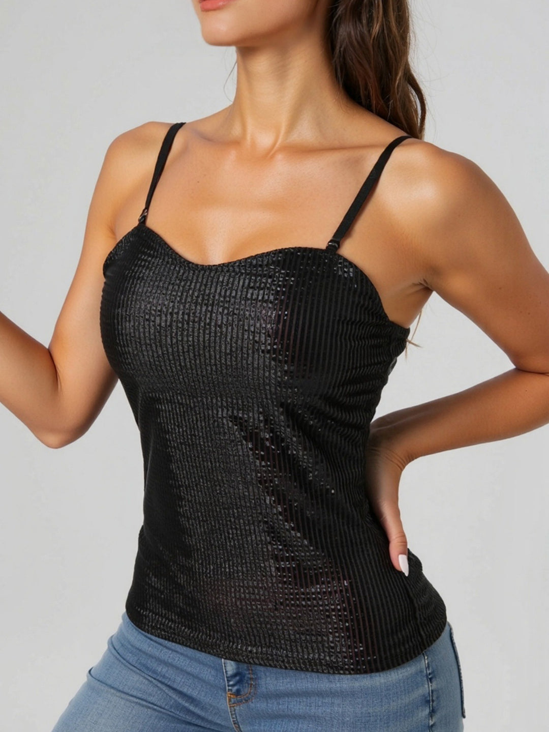 Damen elegantes Spaghettiträgershirt mit luxuriösem Paillettenbesatz und feinem Rippstrick Echo Archiv