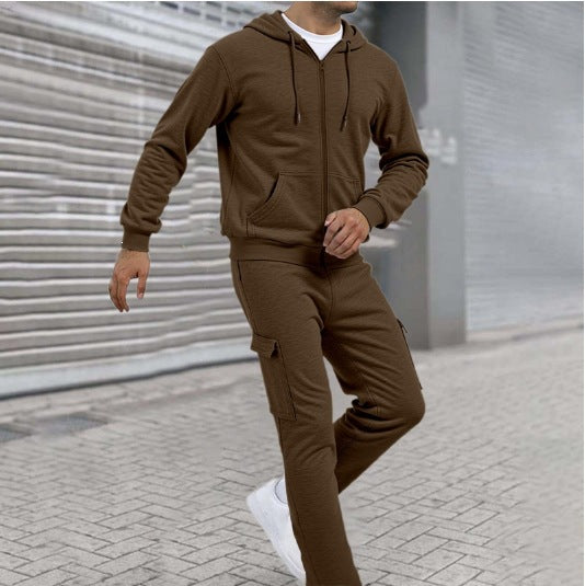 Herren athletischer Zip-Sweatset mit Cargo-Jogginghose, ergonomischen Nähten und gerippten Bündchen – Cavarno