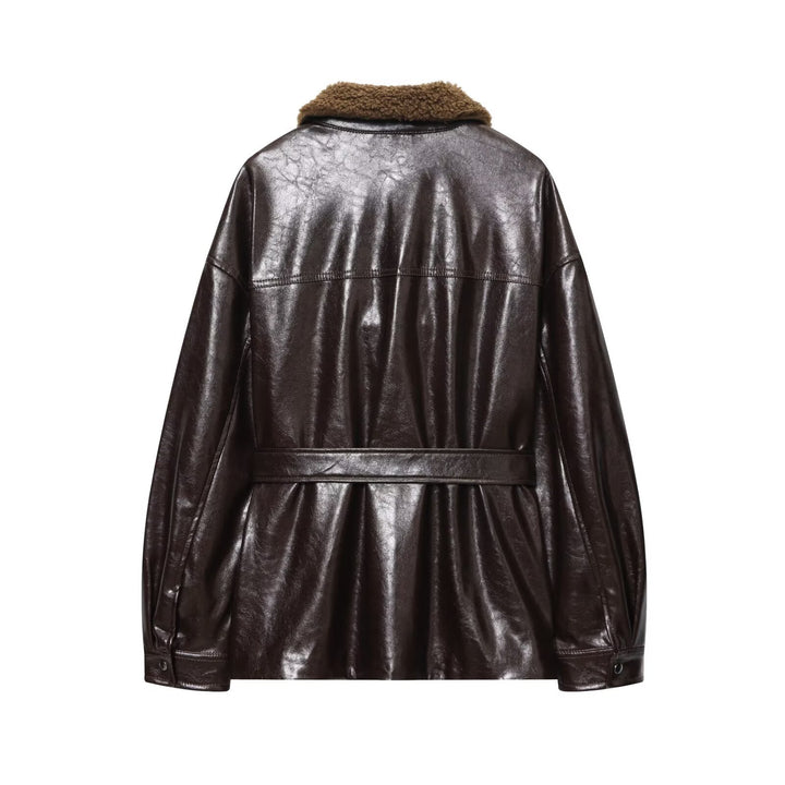 Damen Oversized Lederimitat-Jacke mit Teddykragen und Taillengürtel Echoarchiv
