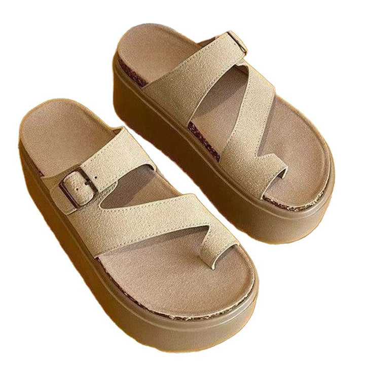 Damen Plateau-Sandalen mit Zehensteg, Kork‑Fußbett und verstellbarer Schnalle – Sorelia