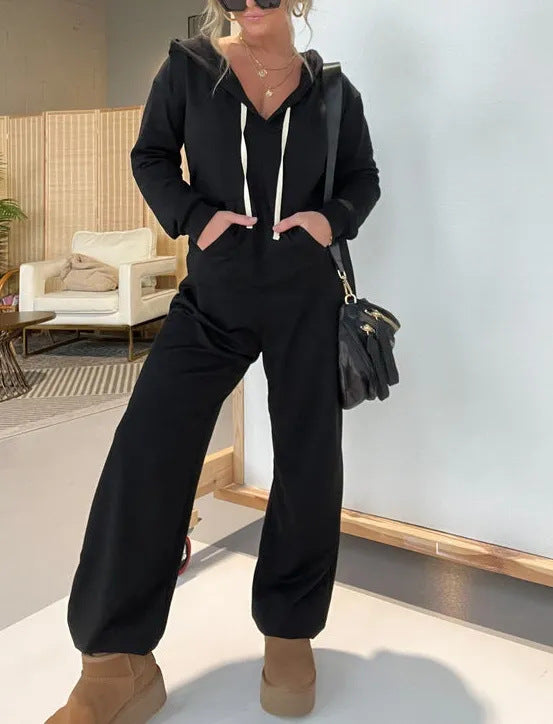 Damen Freizeit Kapuzenoverall mit weitem Bein und Känguru-Tasche Echoarchiv