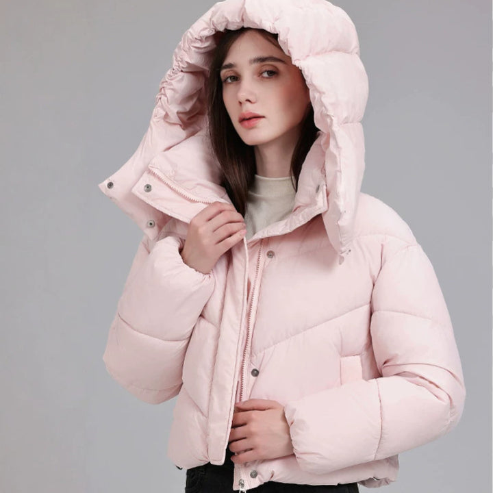 Damen Kurze Pufferjacke mit voluminösem Stehkragen und abnehmbarer Kragenkapuze Echo Archiv