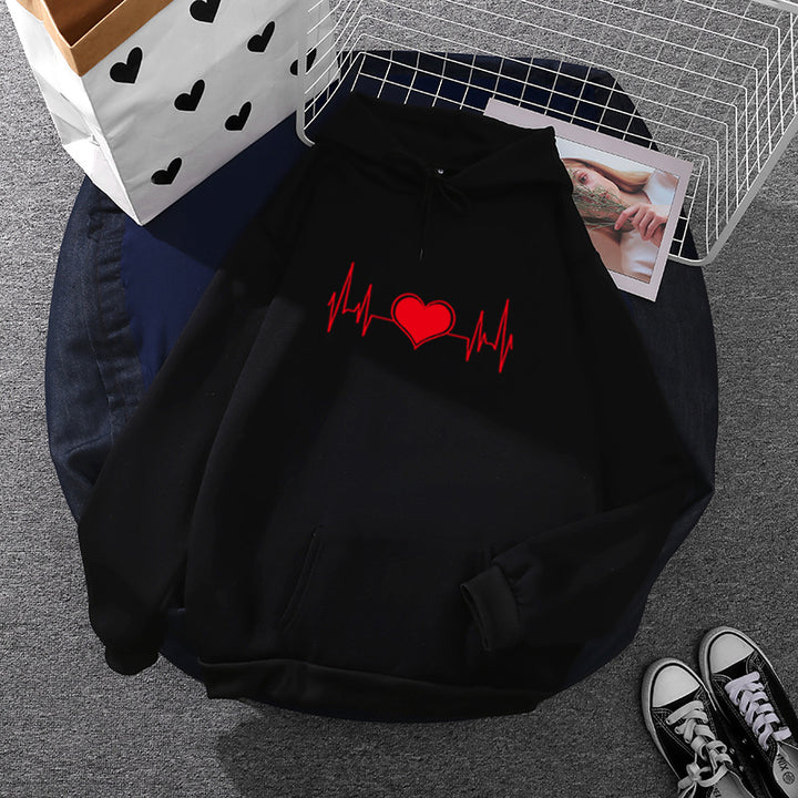 Unisex oversized Kapuzenpullover mit Herz-EKG-Print und Kängurutasche – Auréline