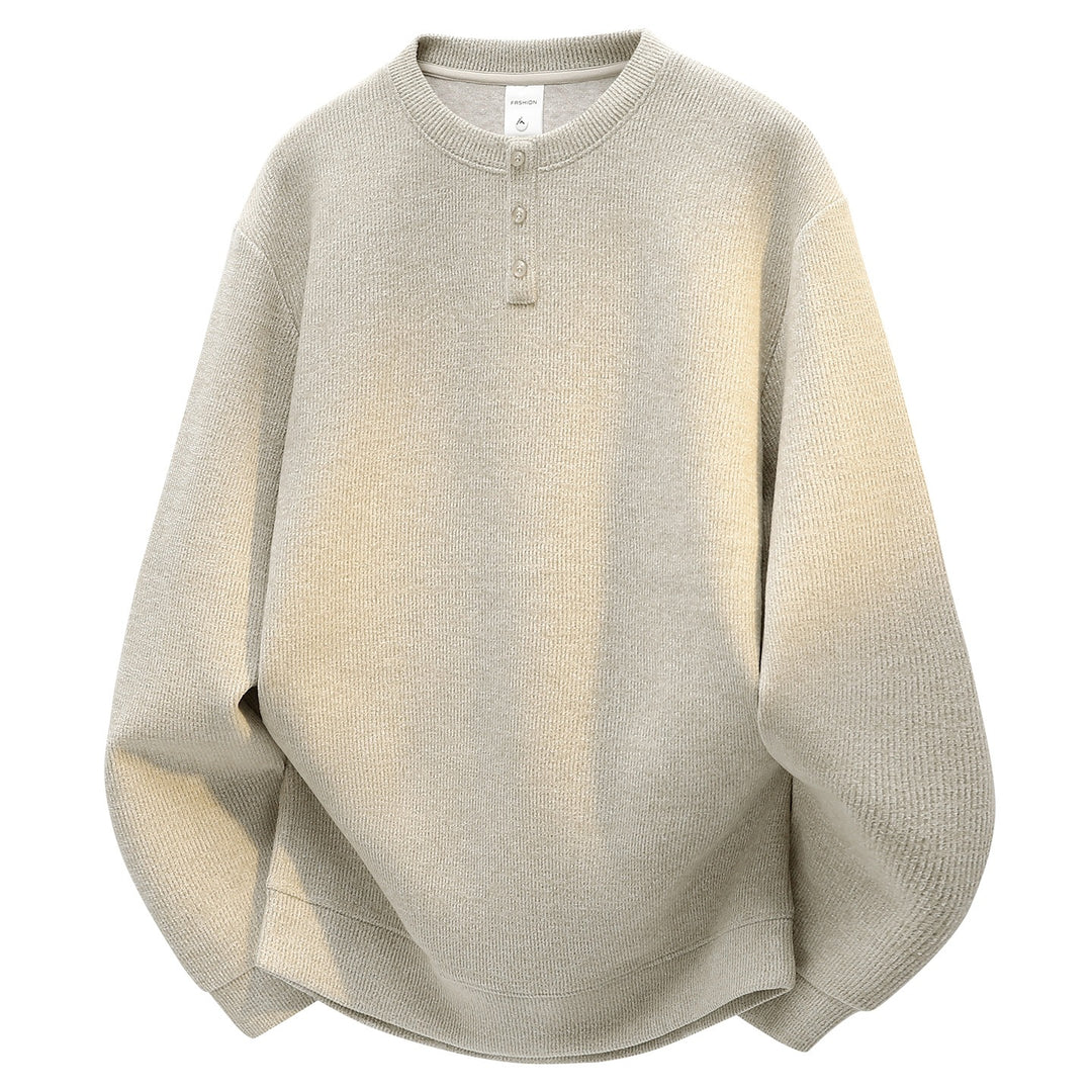 Herren Oversize Strukturierter Henley-Strickpullover mit dreifacher Knopfleiste Echoarchiv