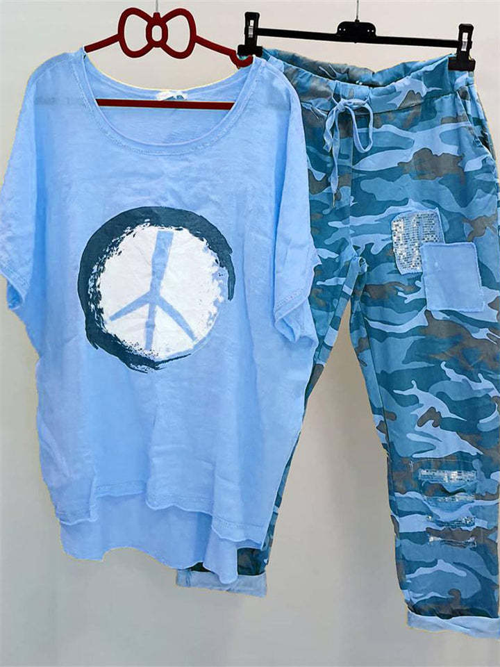 Damen nan lässiges Freizeit-Zweiteiler mit weit geschnittenem Leinenoptik-Shirt, Peace-Symbol und Camouflage-Jogpant mit Patchdetails Echo Archiv