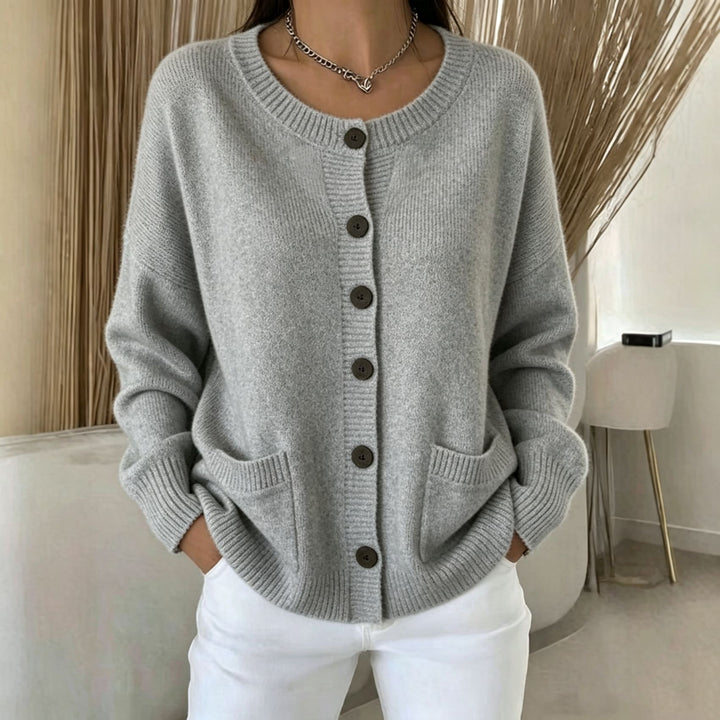 Damen Knopf-Cardigan mit Rundhals, aufgesetzten Taschen und Raglanärmeln – Veloura