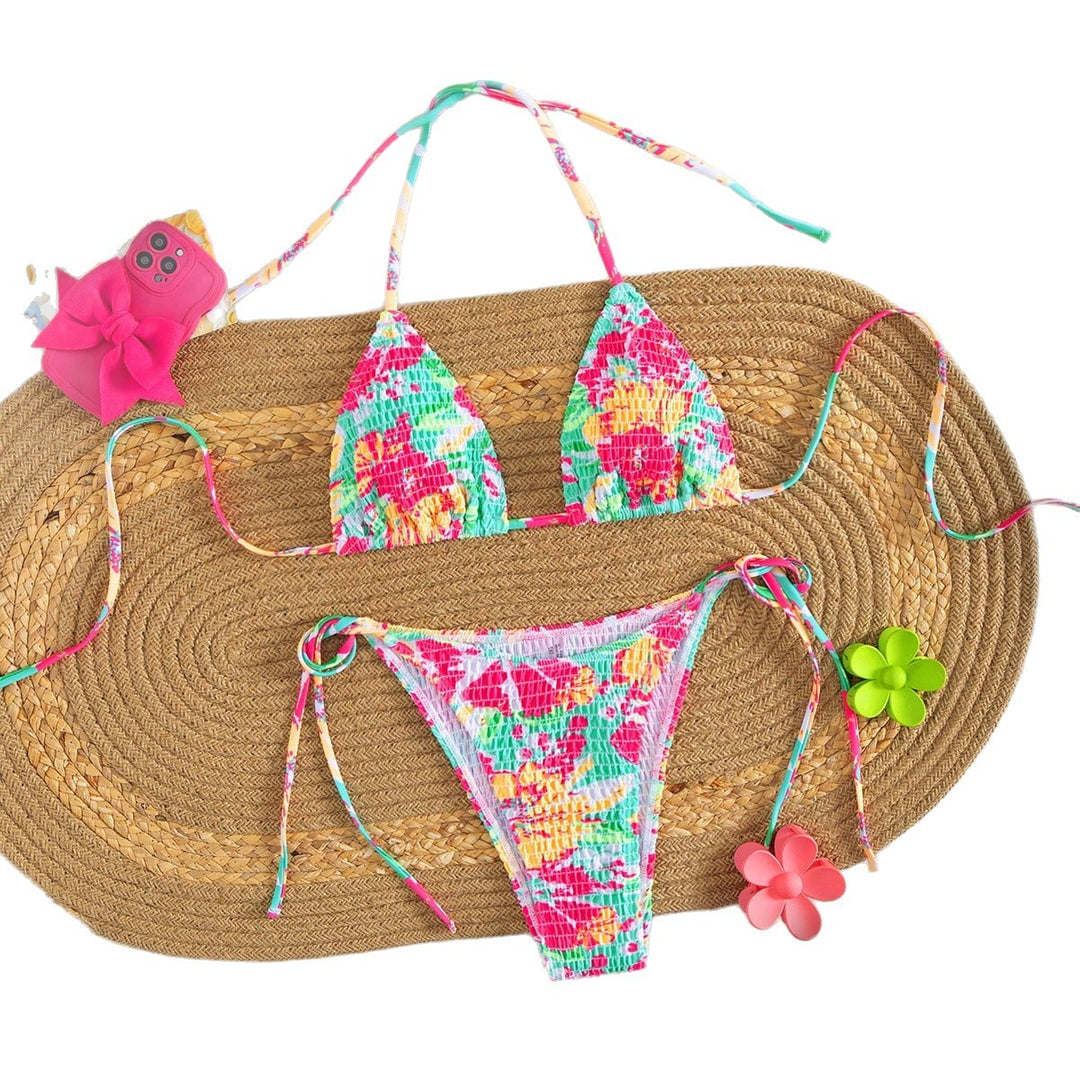 Damen Triangel-Bikini mit buntem Blumenmuster und verstellbarem Bindeband Echo Archiv
