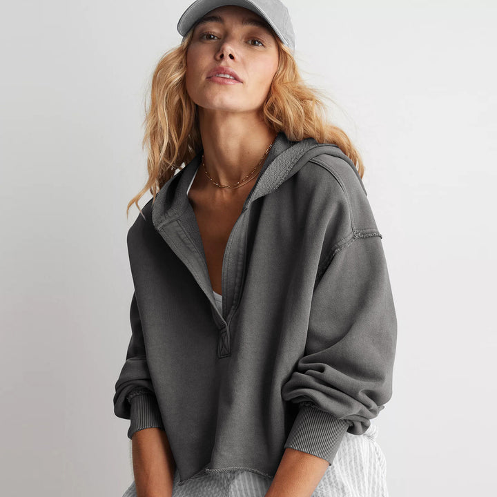 Damen Oversize Kapuzenpullover mit tiefem V-Ausschnitt, offener Knopfleiste und rohem Saum – Auréline