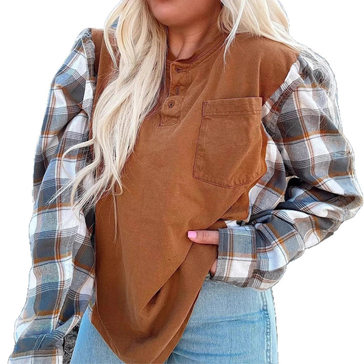 Damen nan weiter Henleypullover im Lagenlook mit karierten Ärmeln und Brusttasche Echo Archiv