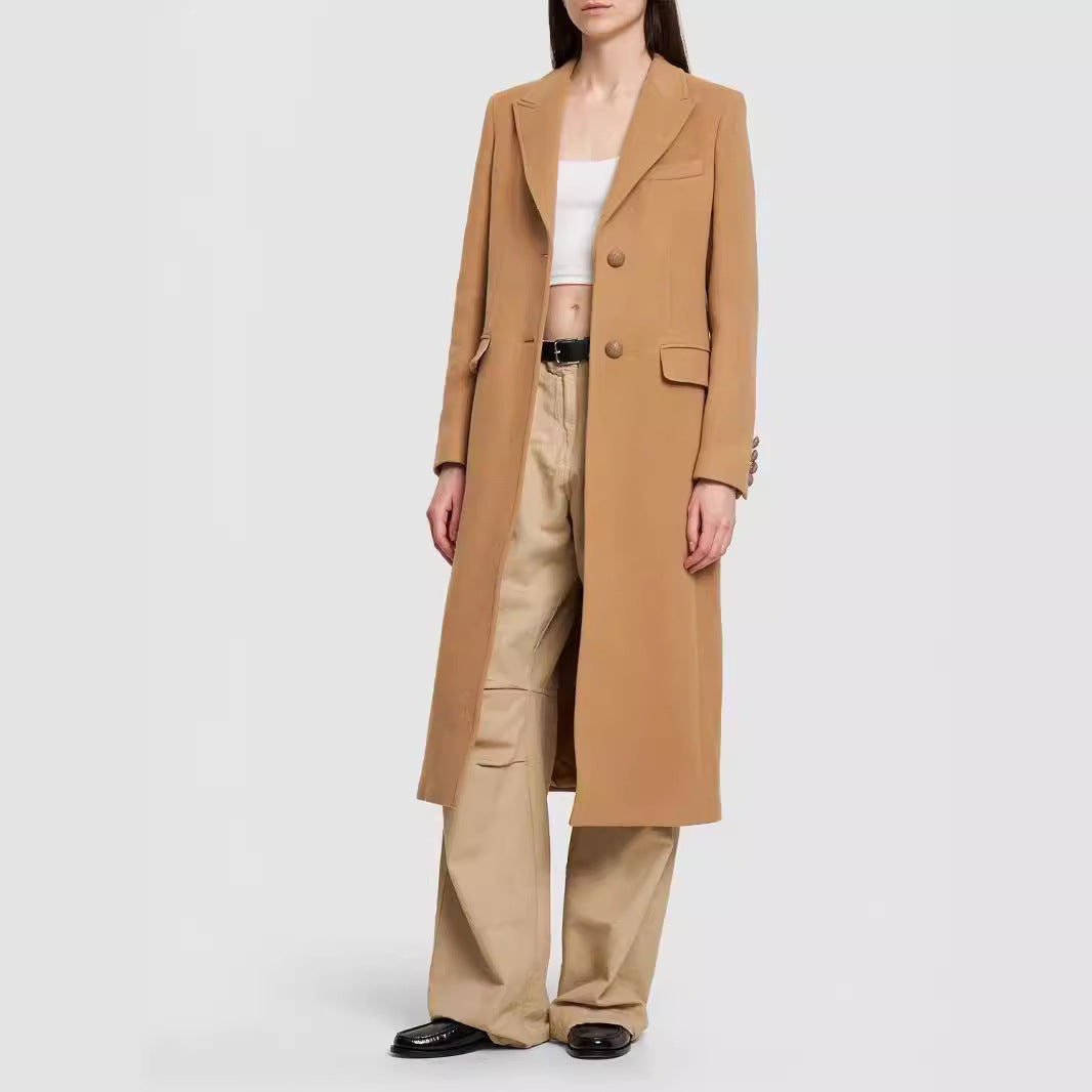 Damen Midilanger Einreihiger Tailoring‑Mantel mit schmalem Revers und Pattentaschen Echoarchiv