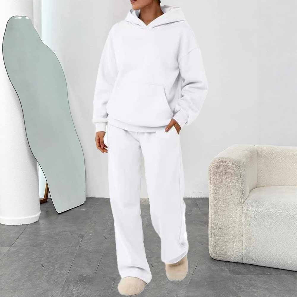 Damen zweiteiliges Freizeit-Lounge-Set mit Kapuzenpullover, Kängurutasche und gerader Loungehose aus weichem Baumwollmix – Auréline