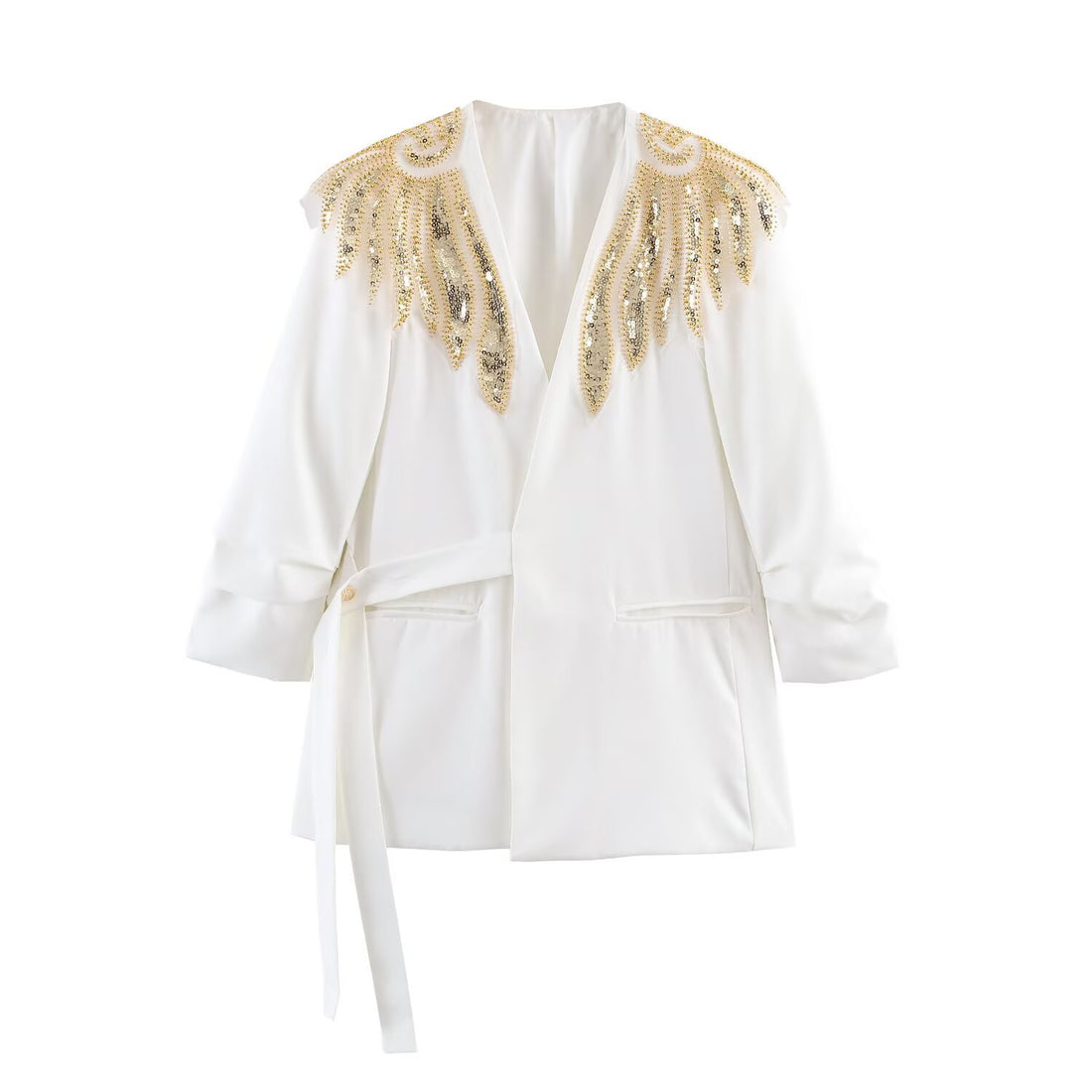Damen Langline-Blazer mit goldbestickten Schultern und Bindegürtel Echoarchiv
