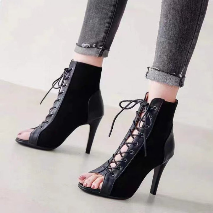 Damen Offene-Zehen Schnürstiefelette mit Wildleder-Optik und Stiletto-Absatz – Lioré