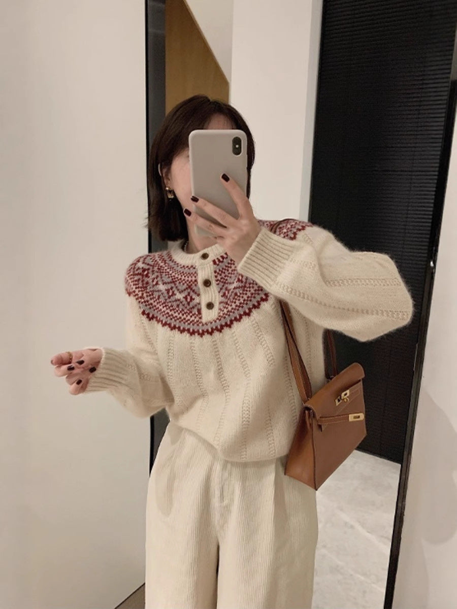 Damen Norwegermuster-Rundpassepullover mit Knopfleiste und Mohair‑Look Echoarchiv