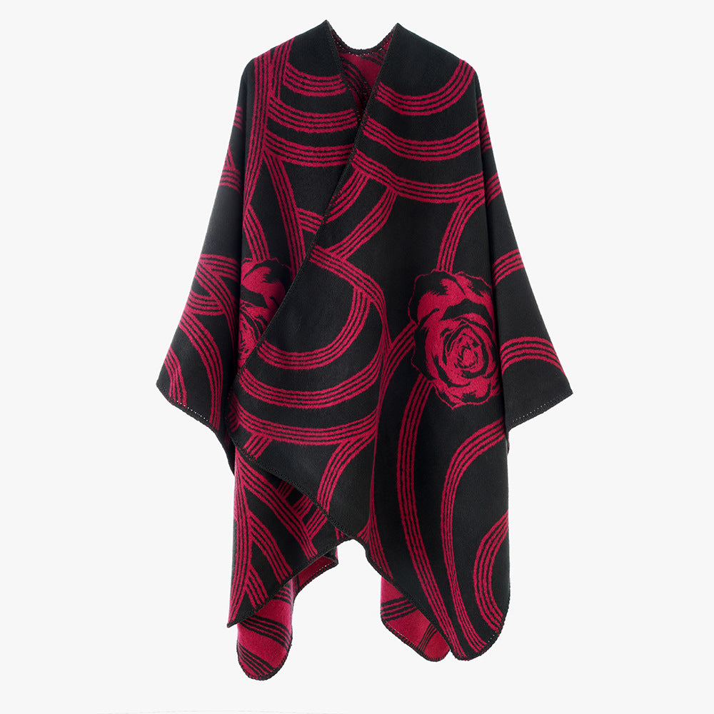 Damen Jacquard‑Capeponcho mit Rosendessin und Oversize‑Fall Echo Archiv