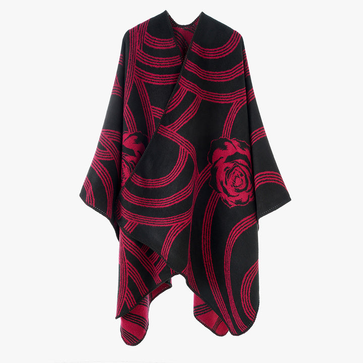 Damen Jacquard‑Capeponcho mit Rosendessin und Oversize‑Fall Echo Archiv