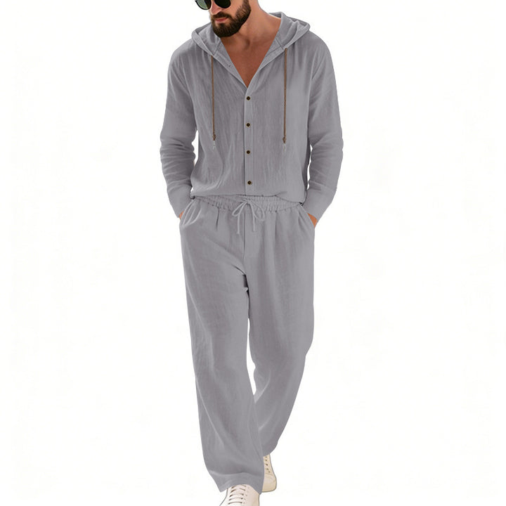 Herren nan legeres Kapuzen-Lounge-Set mit Knopfleiste, Kordelbundhose und seitlichen Eingrifftaschen Echo Archiv