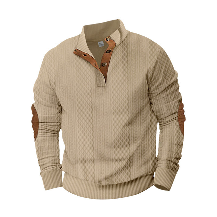 Herren Strickpullover mit innovativem Stehkragen und modernen Lederapplikationen Echoarchiv