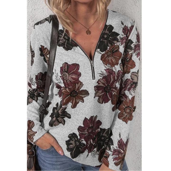 Damen lockeres V-Ausschnitt Longsleeve-Shirt mit kurzem Reißverschluss und floralem Allover-Druck – Orélia