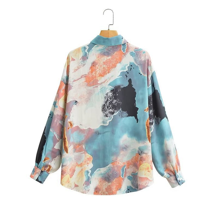 Damen Seidenoptik-Hemdbluse mit abstraktem Print und Oversize-Schnitt Echo Archiv