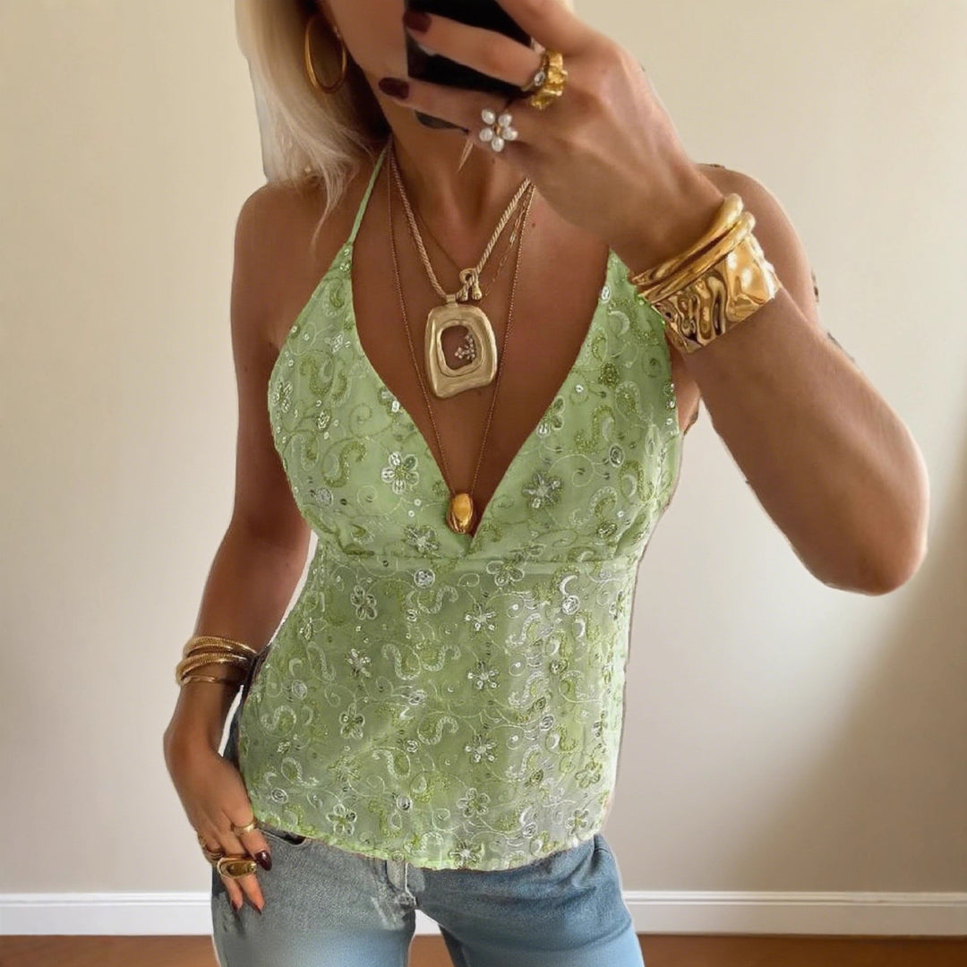 Damen Elegantes Spitzentop mit tiefem V-Ausschnitt und feiner Bestickung Echo Archiv