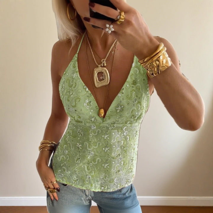 Damen Elegantes Spitzentop mit tiefem V-Ausschnitt und feiner Bestickung Echo Archiv