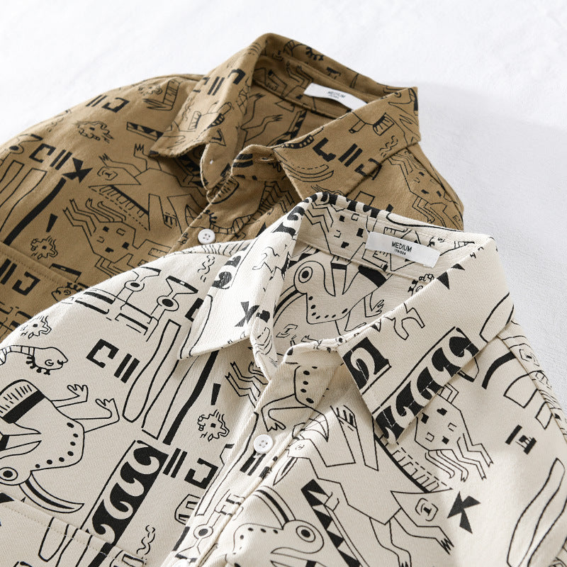 Herren Leichtes Baumwoll-Overshirt mit künstlerischem Linien-Print und doppelter Brusttasche Echoarchiv