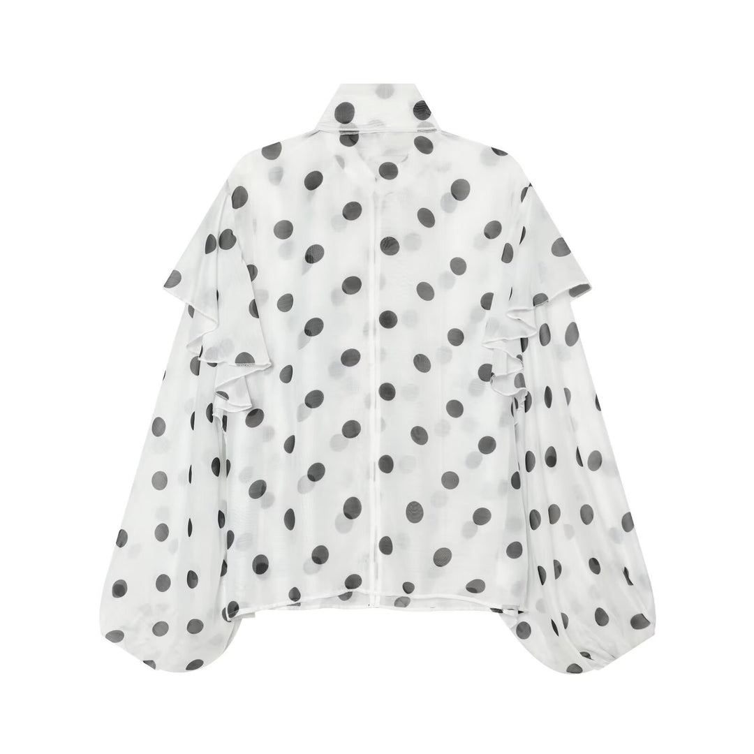 Damen Leichte Chiffonbluse mit Volants, Schleifenkragen und Pünktchenprint Echo Archiv