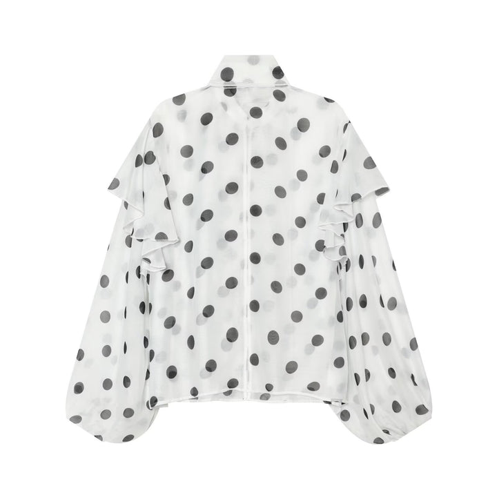 Damen Leichte Chiffonbluse mit Volants, Schleifenkragen und Pünktchenprint Echo Archiv