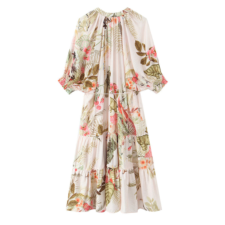 Damen Langes Boho-Maxikleid mit Knopfleiste, Bindegürtel und Stufenrock Echo Archiv