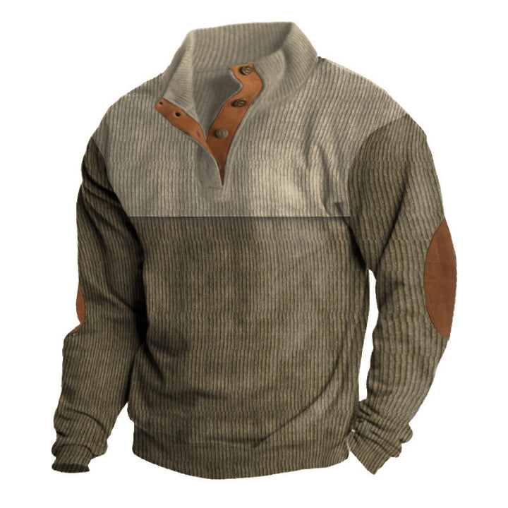 Herren nan grober Rippstrick-Pullover mit Stehkragen, Knopfleiste und markanten Ellenbogenpatches Echo Archiv