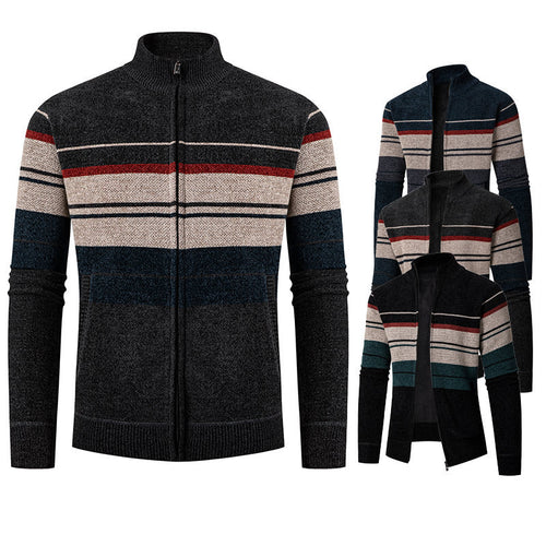 Herren modische Strickjacke mit kontrastierenden Streifen und hochabschließendem Kragen Echoarchiv
