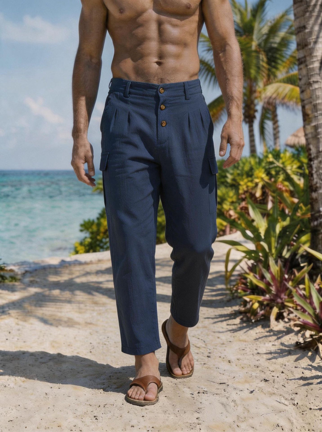 Herren Bundfalten-Cargohose mit Knopfverschluss, aufgesetzten Cargotaschen und gekürztem Bein – Bravaro