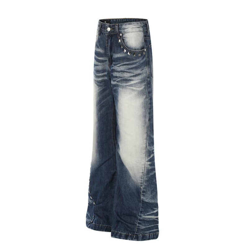 Damen Hochtaillierte weite Schlagjeans mit Used‑Waschung und Nietenbesatz Echoarchiv