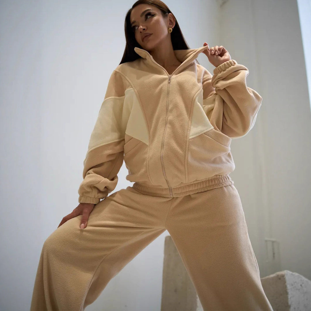 Damen Oversized Fleece-Lounge-Set mit Stehkragen, Reißverschlussjacke und weiter Palazzohose – Auréline