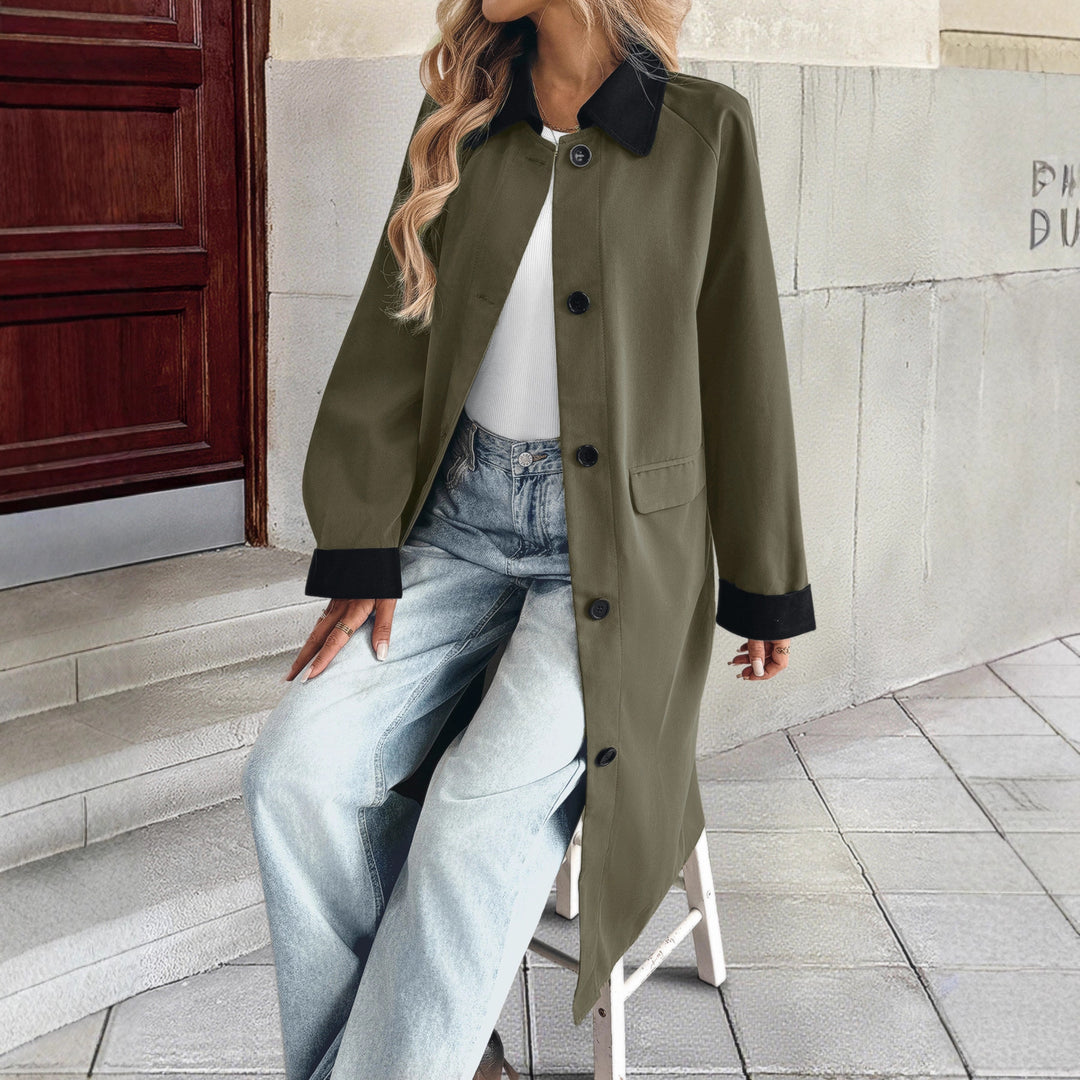 Damen Langer Trenchcoat mit Kontrastkragen und Umschlagmanschetten Echoarchiv